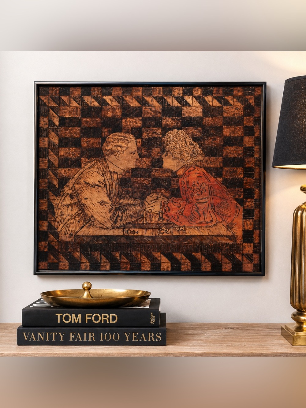 Vintage Wood Burned Romantic Couple Wall Art Chess Scene Framed Pyrography
